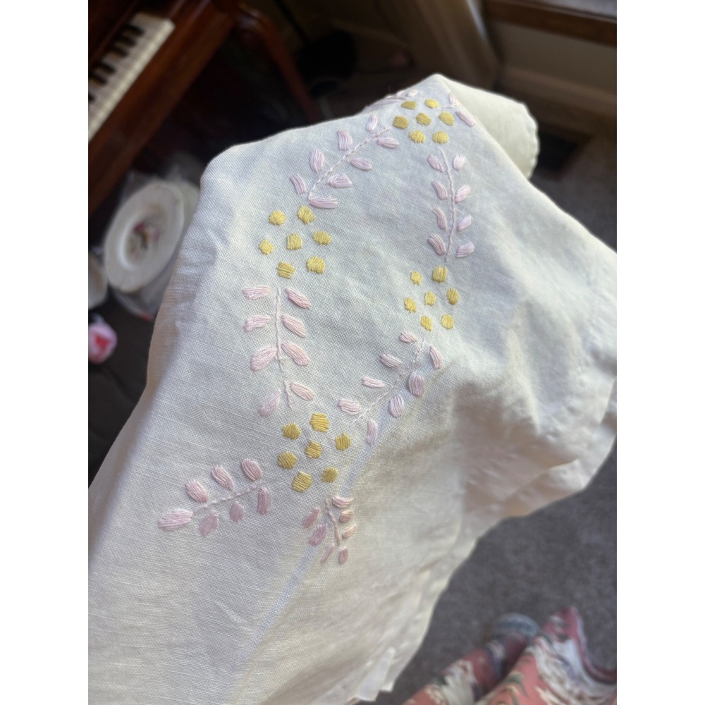 Vintage Hand-Embroidered Table Runner pink yellow linen cottage